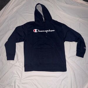 Champion Navy Hoodie with Red & White Script